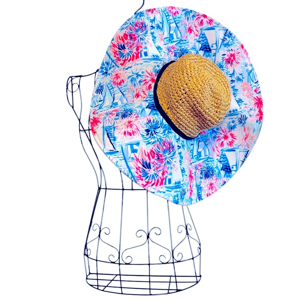 Lilly Pulitzer Blue & Pink Sea to Shining Sea Wide Brim Straw Sun Pool Hat